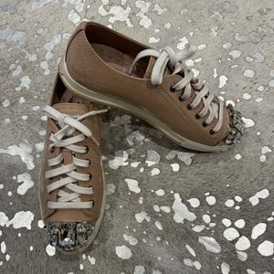 Miu Miu Beige Patent Leather Crystal Embellished Low Top Sneakers